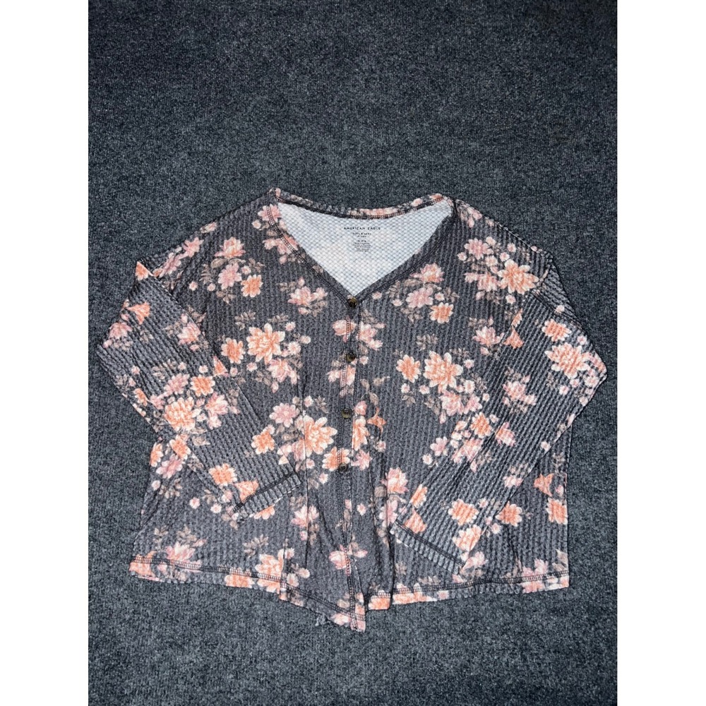 American Eagle Soft & Sexy Plush Floral Waffle Knit Cardigan Grey Pink Medium